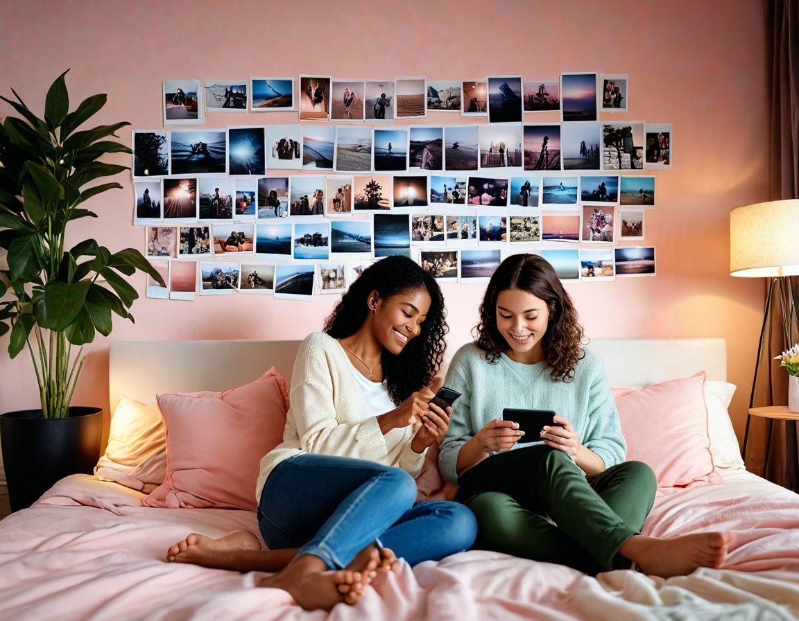 A heartwarming scene of a couple making multimedia memories: one person capturing moments on a smartphone while the other joyfully uploads a video on a laptop, surrounded by vibrant photographs and video clips floating around them. Soft pastel colors with warm lighting create an intimate atmosphere, symbolizing love and connection through technology. super-realistic. warm colors. cozy environment.