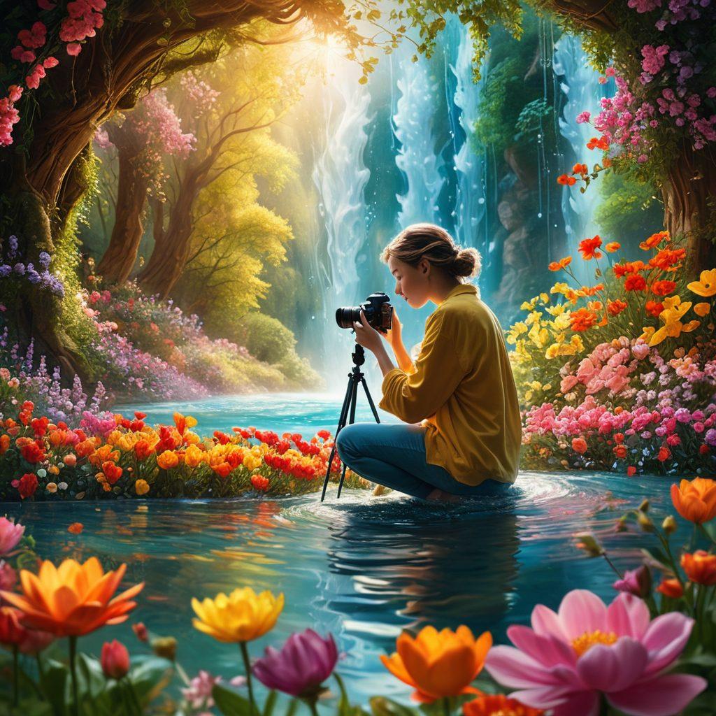 A photographer capturing a moment, surrounded by a collage of vibrant photos swirling into dynamic video clips, symbolizing transformation and creativity. The background features soft, warm lighting to evoke a sense of devotion, with elements of nature subtly interwoven, like blooming flowers and flowing water. A calming color palette enhances the emotional connection. digital art. vibrant colors. soft focus.