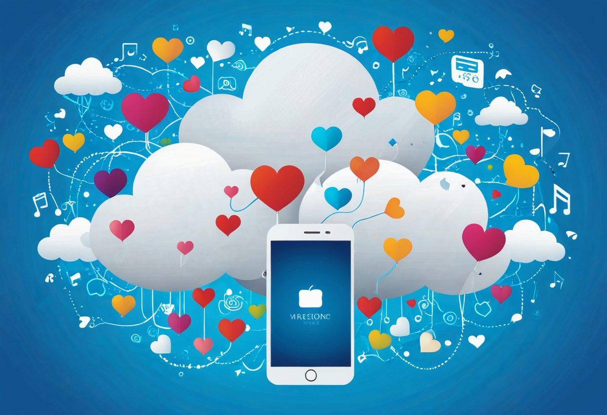 A whimsical illustration of a cloud with hearts, symbolizing love for technology and media sharing, surrounded by icons of photos, videos, and music notes gently floating down. The background features a serene blue sky with soft, fluffy white clouds and glowing digital devices that connect to the cloud. The scene encapsulates a romantic connection between users and their digital content. vibrant colors. vector art.